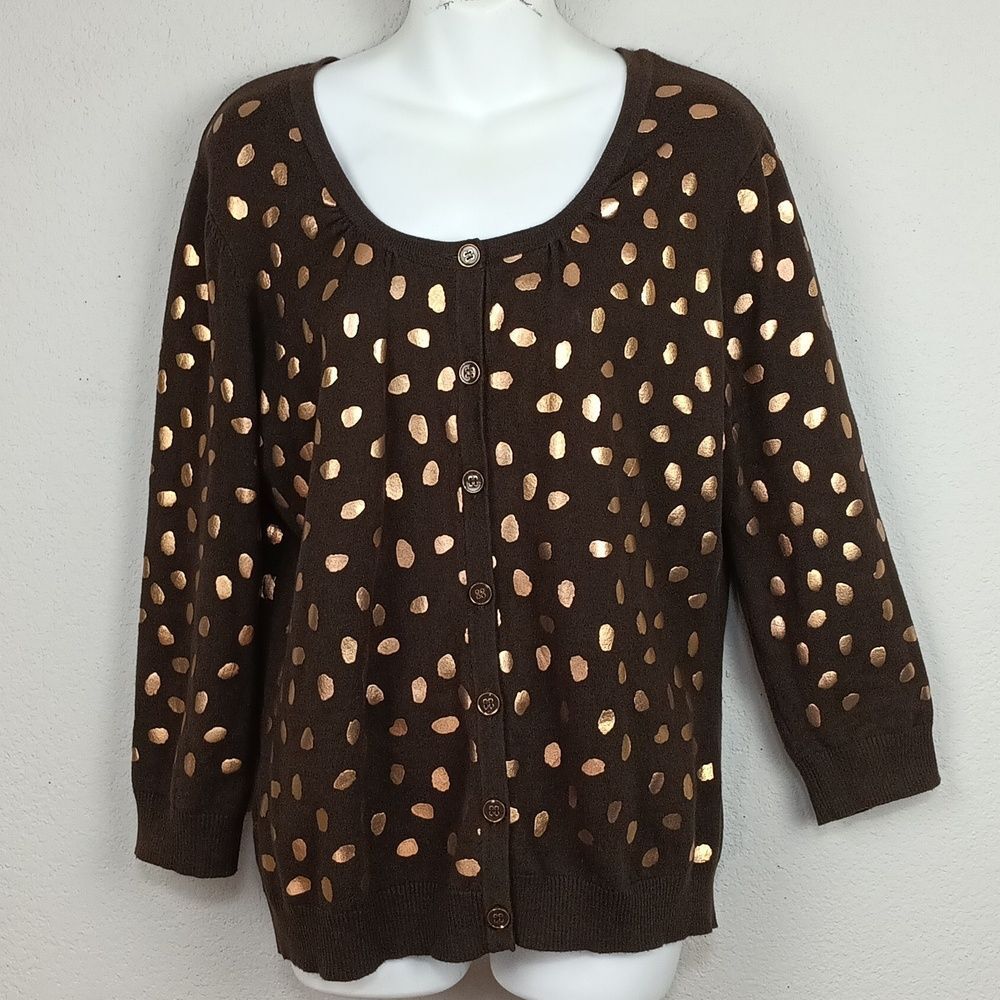 Vintage 90s Brown With Gold Dots Long Sleeve Button Down Knit Cardigan sz XL